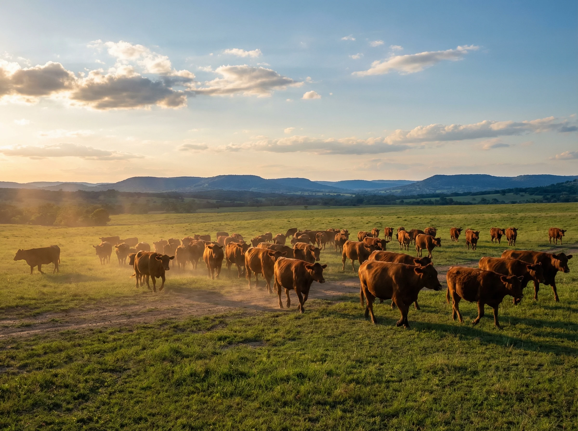 Akaushi Wagyu herd spread across wide open Texas pasture at golden hour