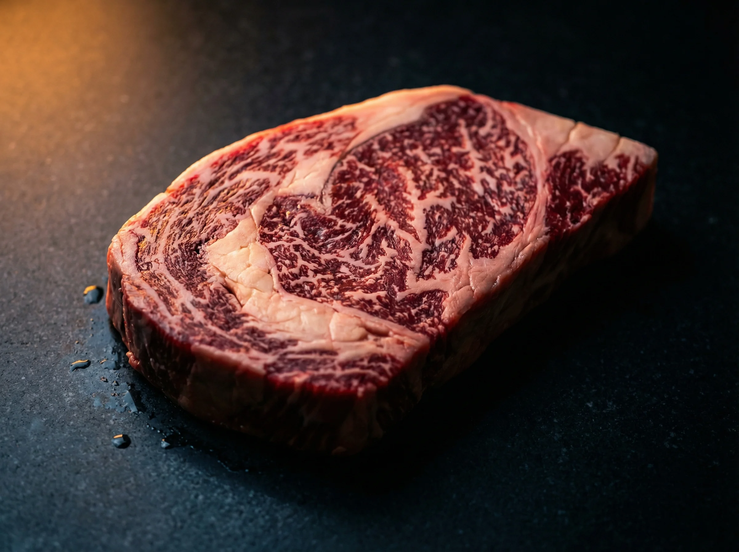 Beautifully marbled raw Akaushi Wagyu ribeye on black honed granite