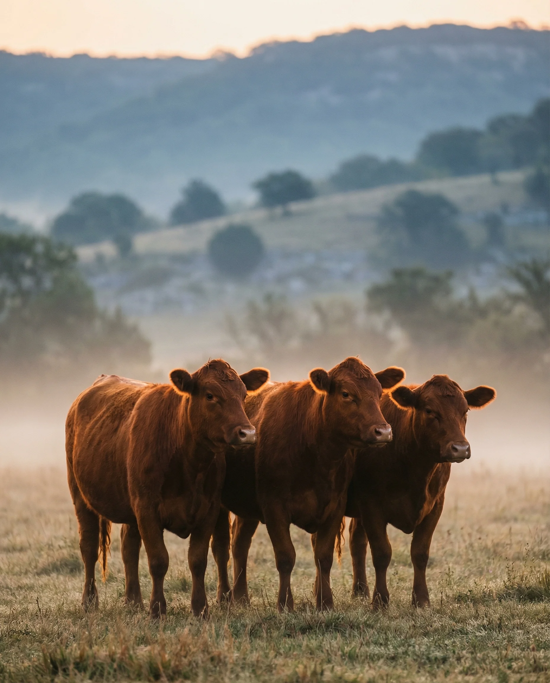 Purebred Akaushi Wagyu herd at sunrise on open Texas Hill Country pasture