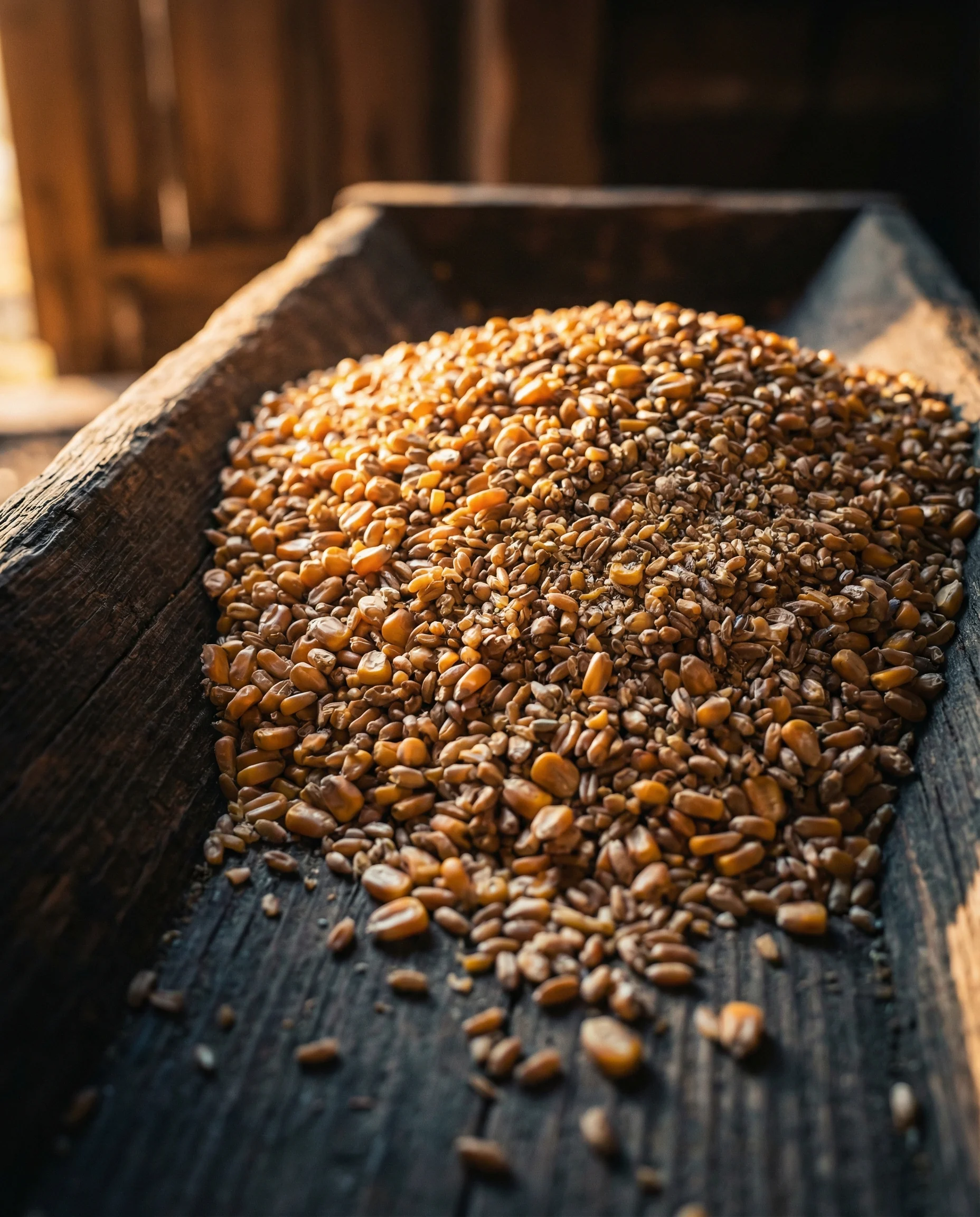 Premium grain feed detail in warm golden light