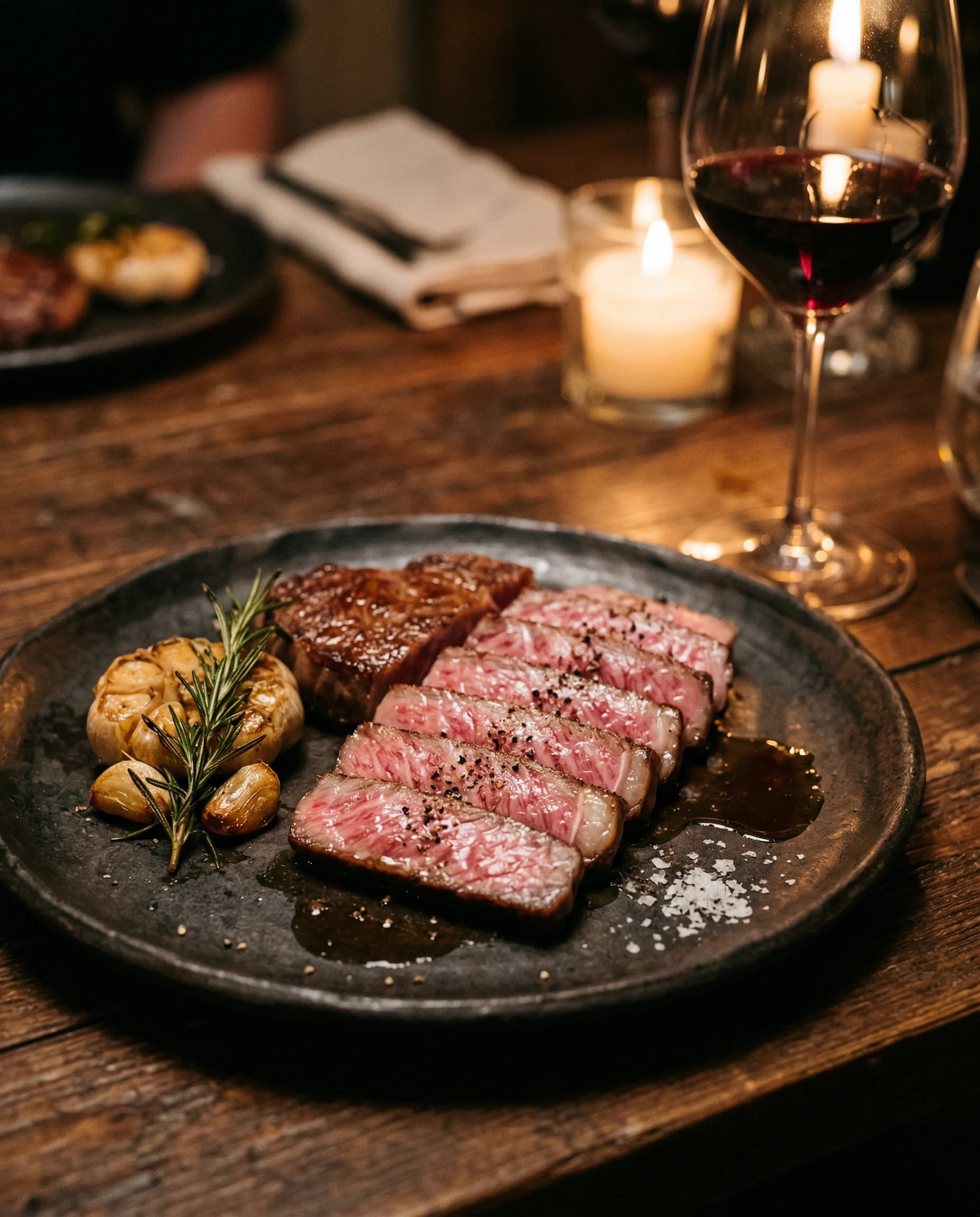 Beautifully plated Wagyu steak in an elegant dinner setting