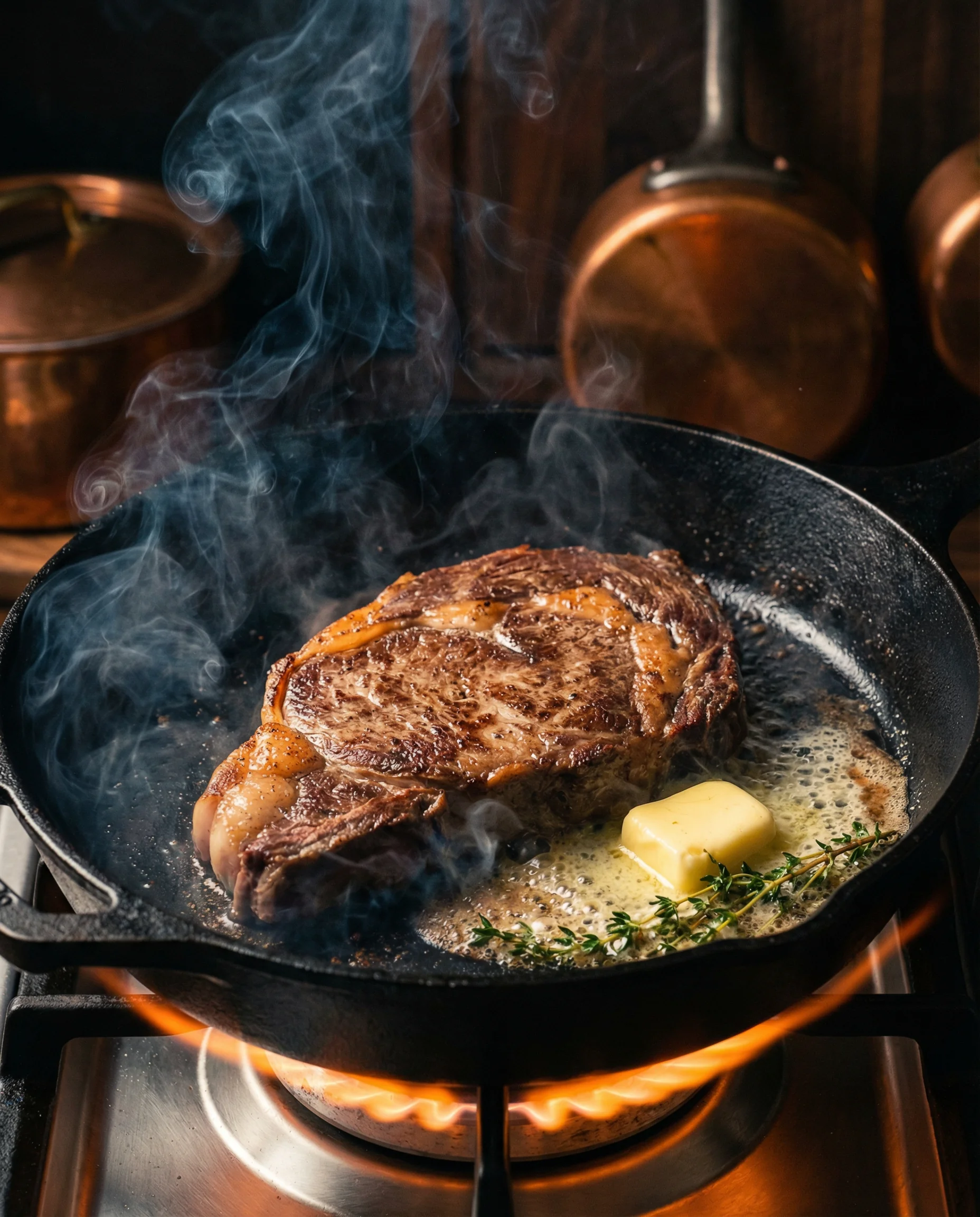 Wagyu ribeye searing in a cast iron skillet with rising steam