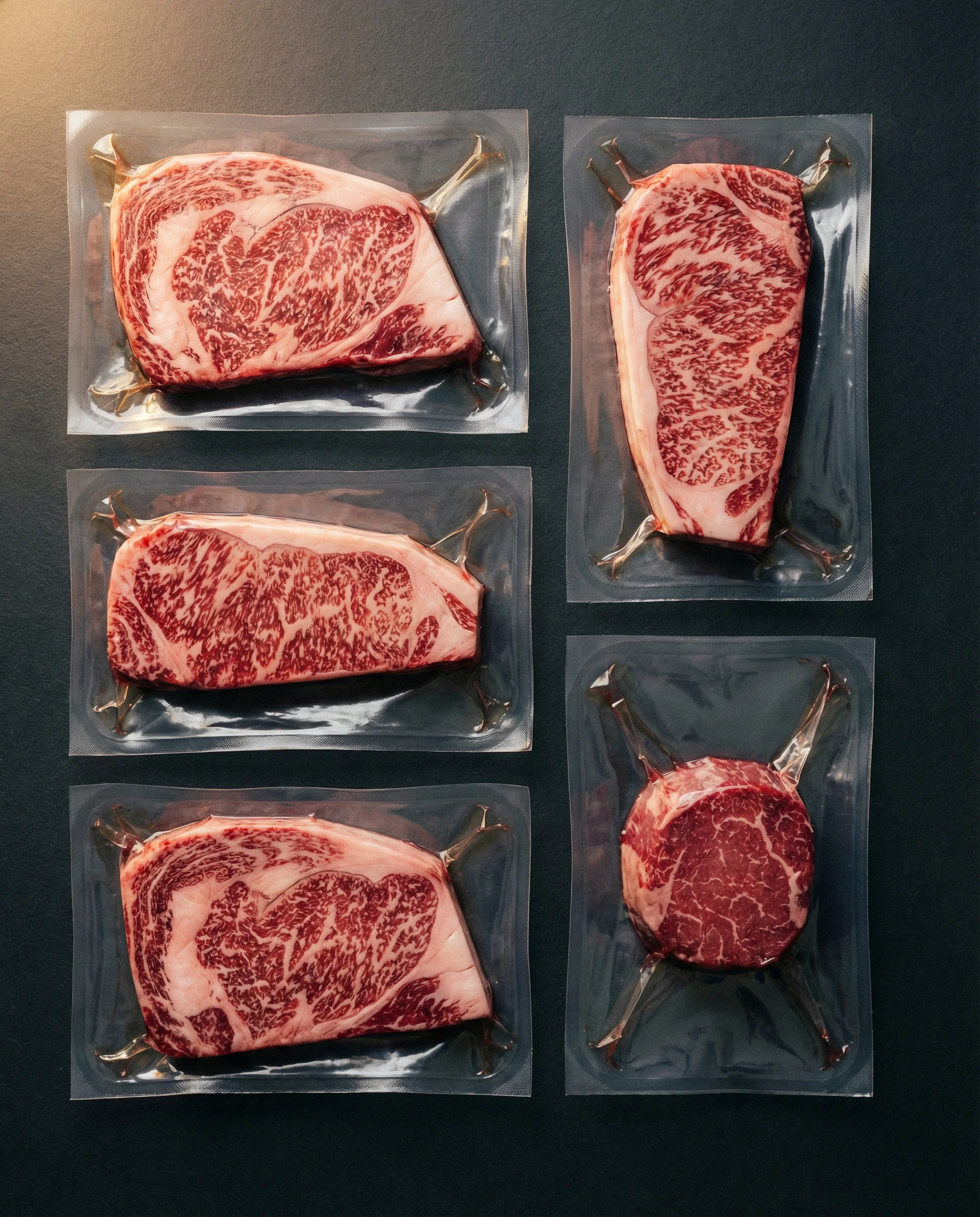 Vacuum-sealed Wagyu beef cuts neatly arranged on a dark surface