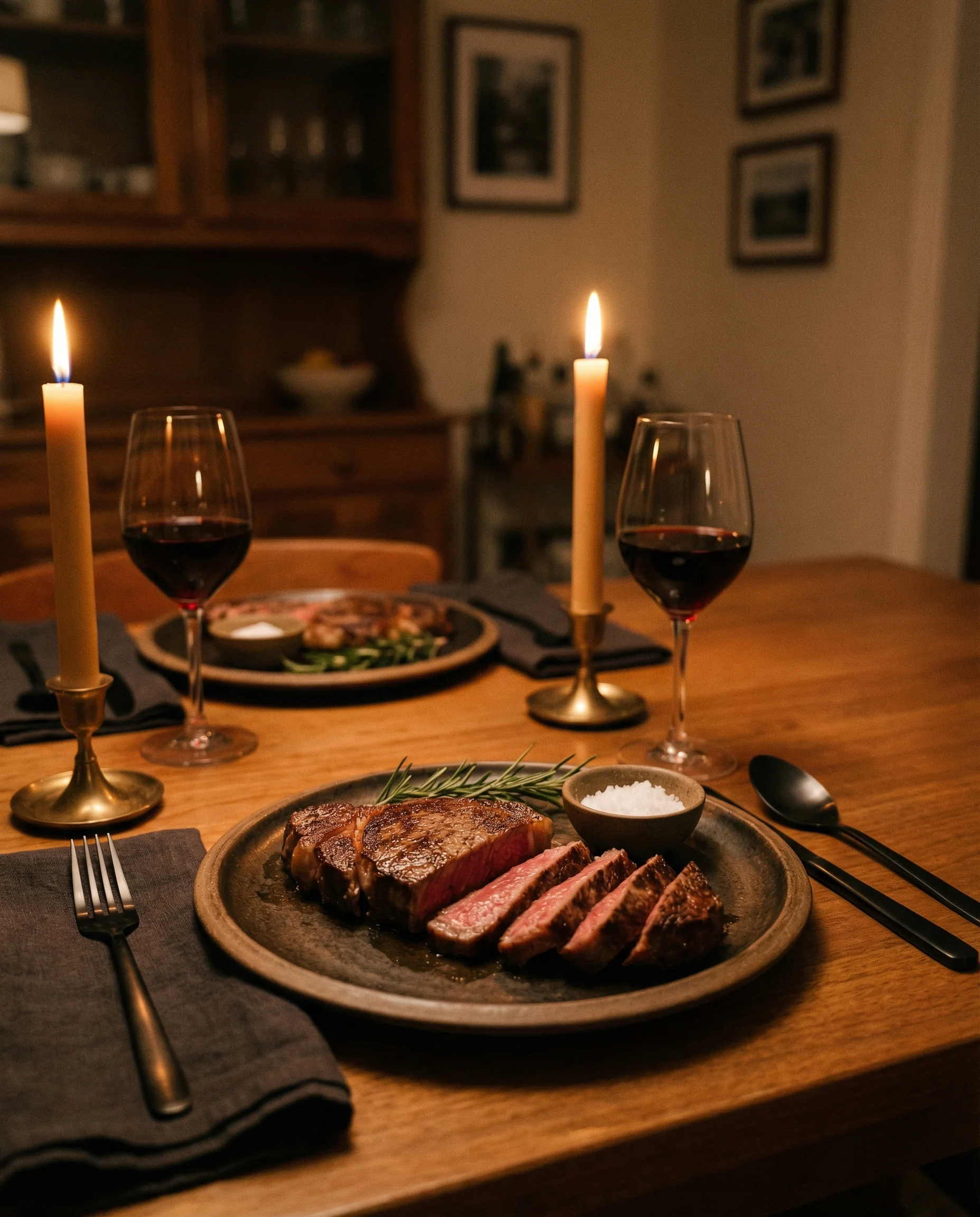 Elegant dinner table set with seared Wagyu steak as the centerpiece, warm candlelight