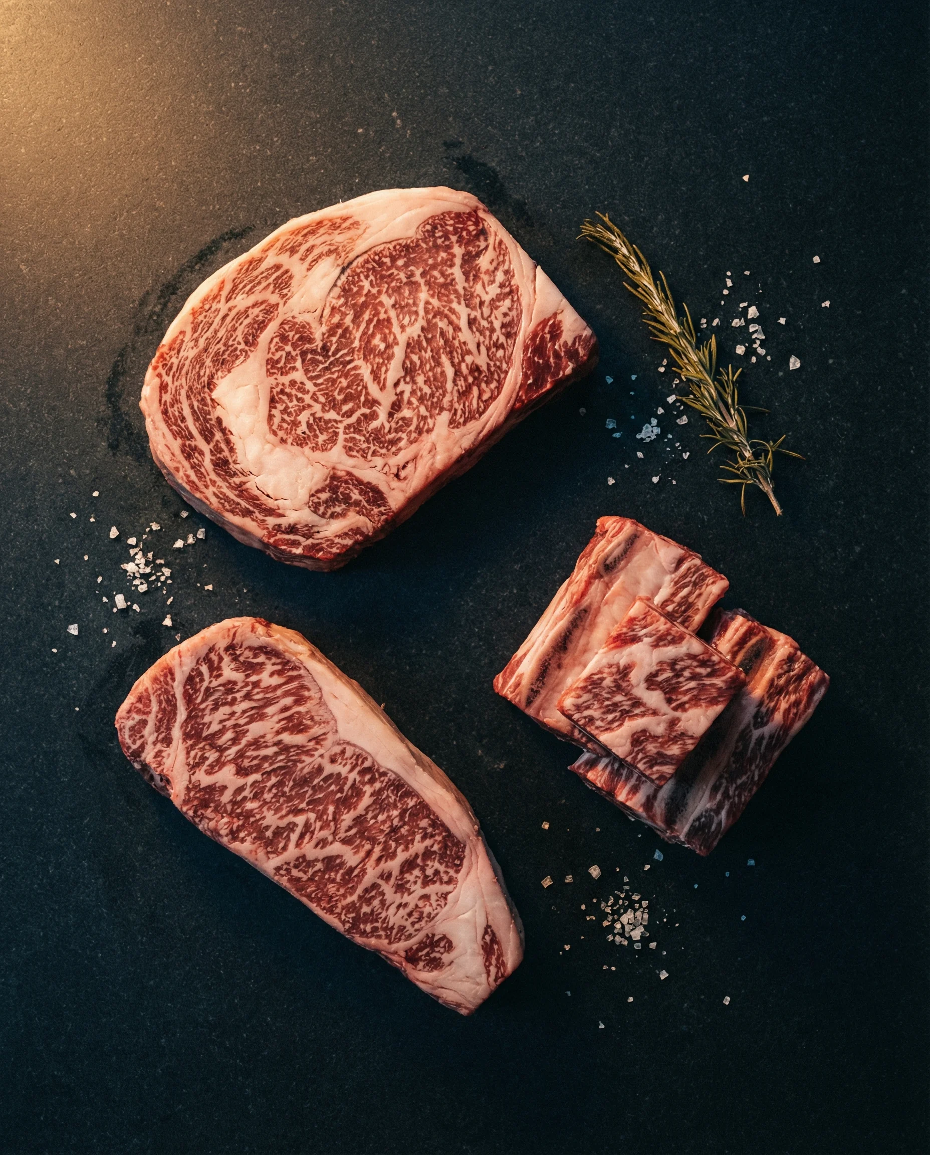 Arrangement of premium Wagyu beef cuts on a dark surface, overhead view