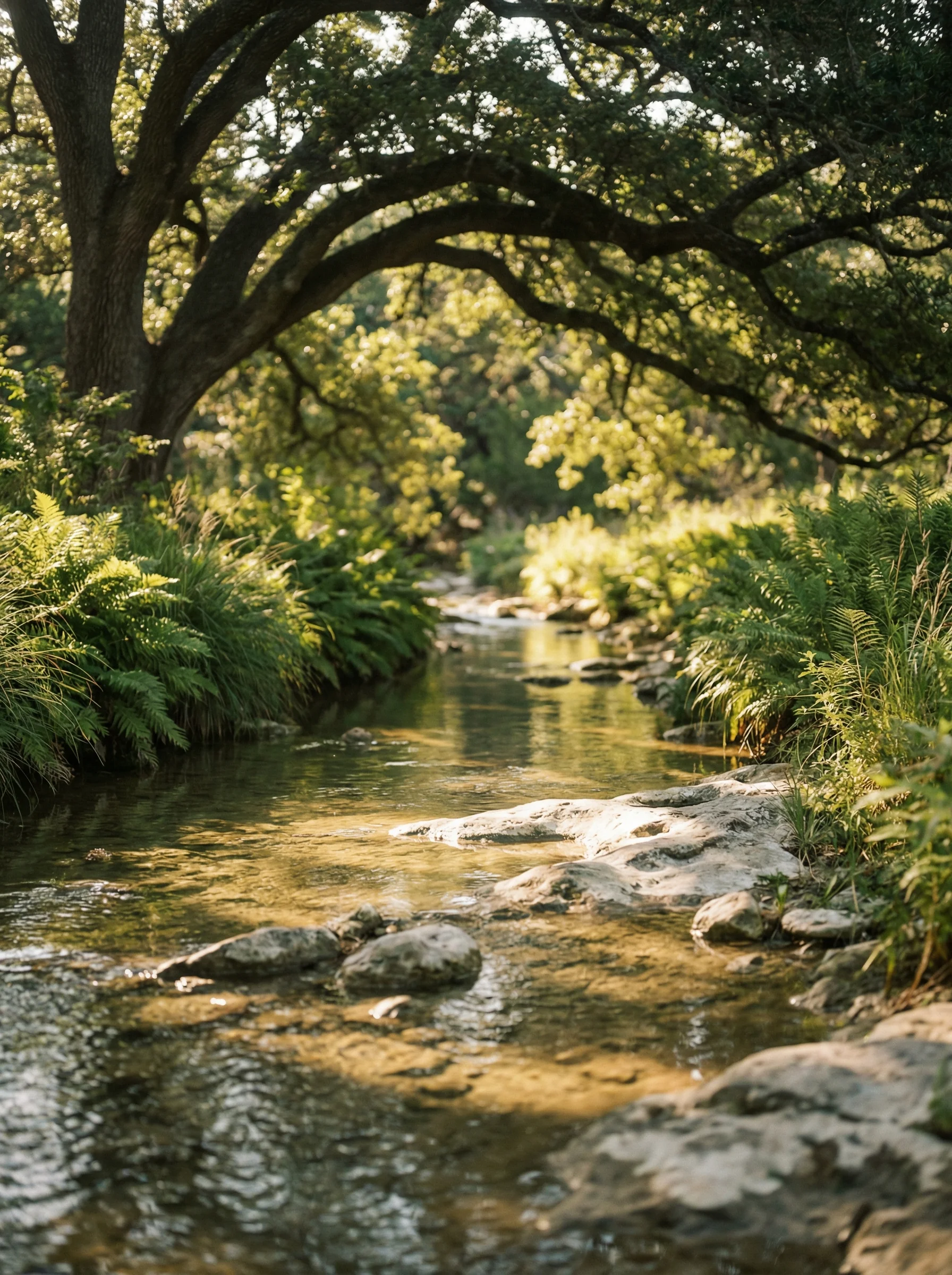 Spring-fed creek flowing through white limestone in the Texas Hill Country, dappled morning light