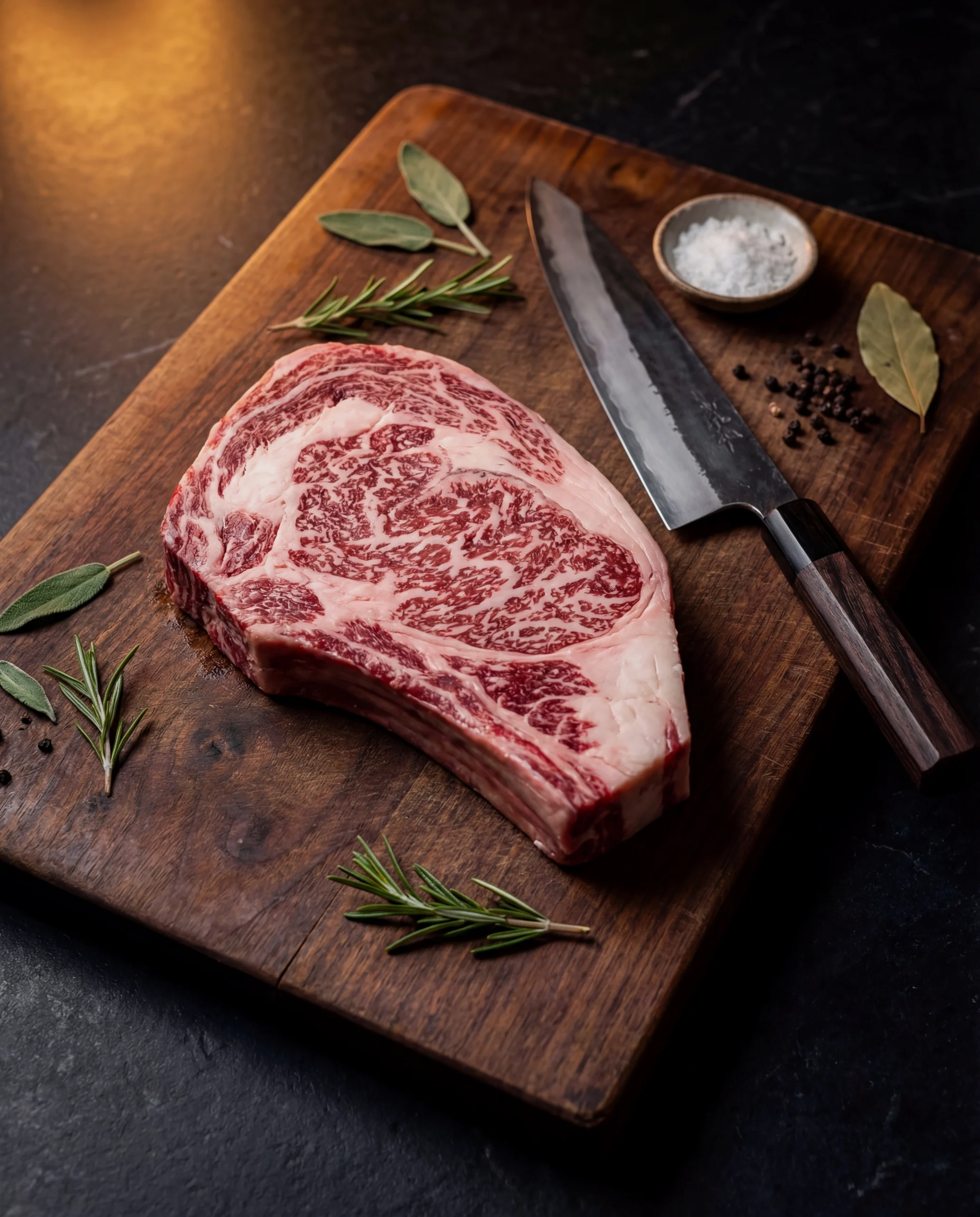 Premium Akaushi Wagyu beef with extraordinary marbling on a walnut cutting board